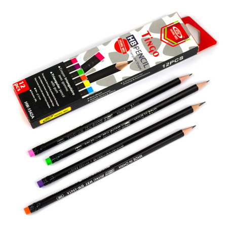Set 12 creioane lemn negru si radiera neon
